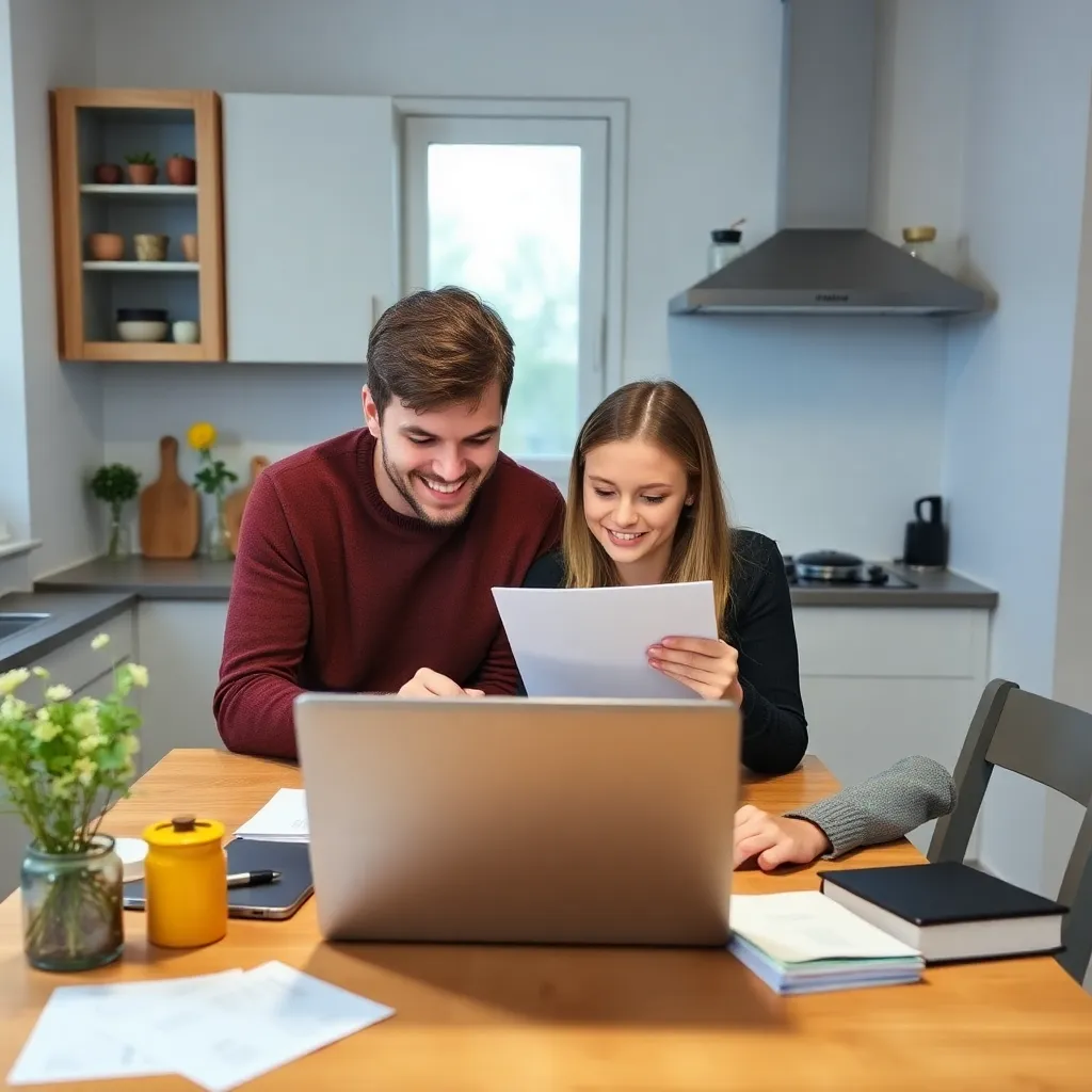 Belgisch gezin dat samen financiën plant aan keukentafel met laptop en documenten