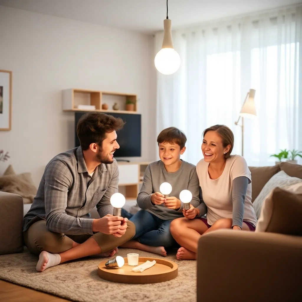 Gezin dat samen energiezuinige lampen installeert in hun woonkamer