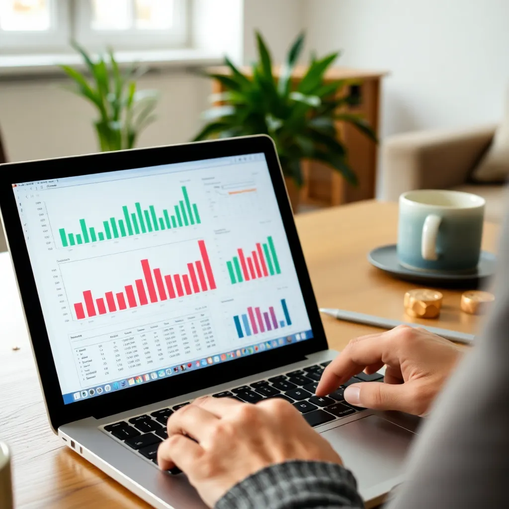 Persoon die financiën berekent op laptop met grafiek en spreadsheet