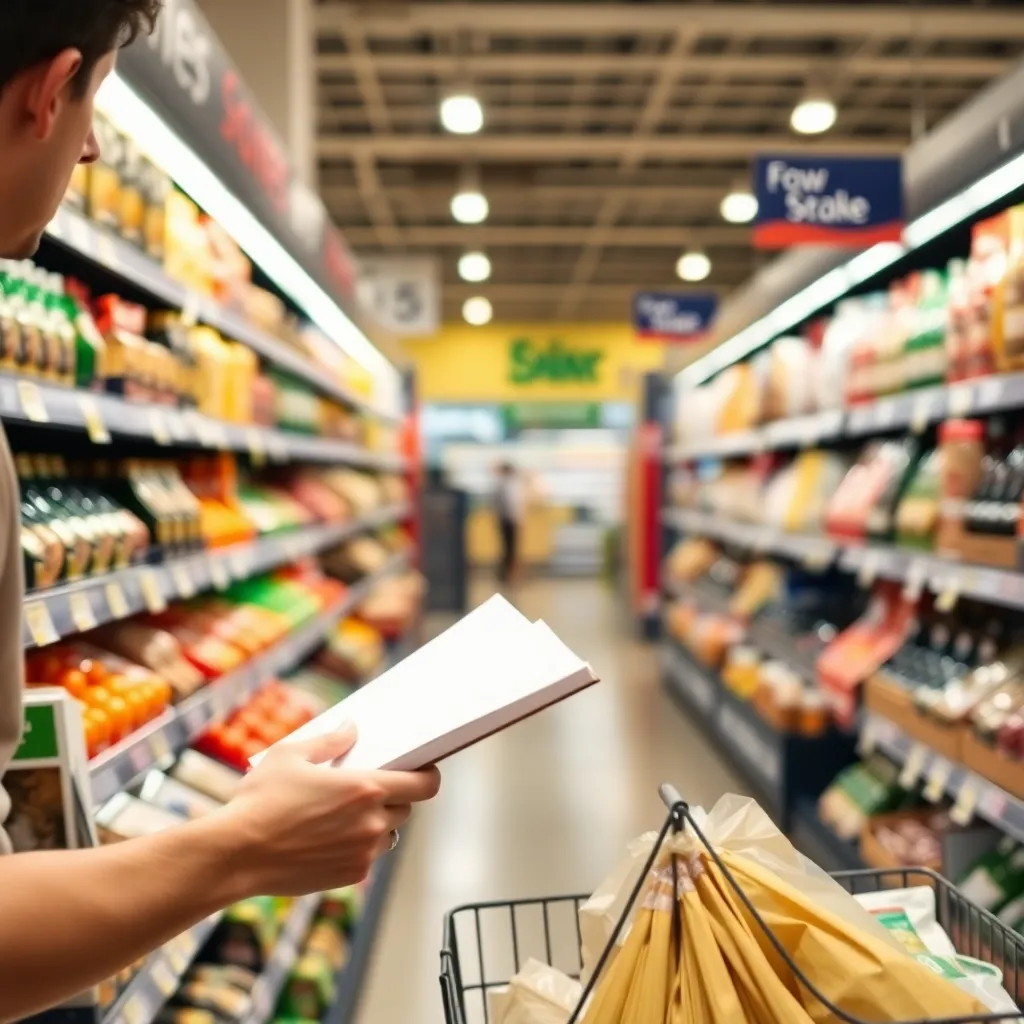 Een persoon die boodschappen doet met een boodschappenlijstje en vergelijkt prijzen