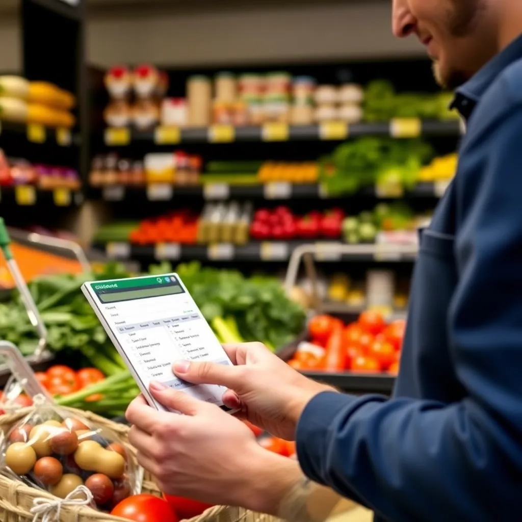 Persoon die boodschappen doet met een boodschappenlijst en rekenmachine