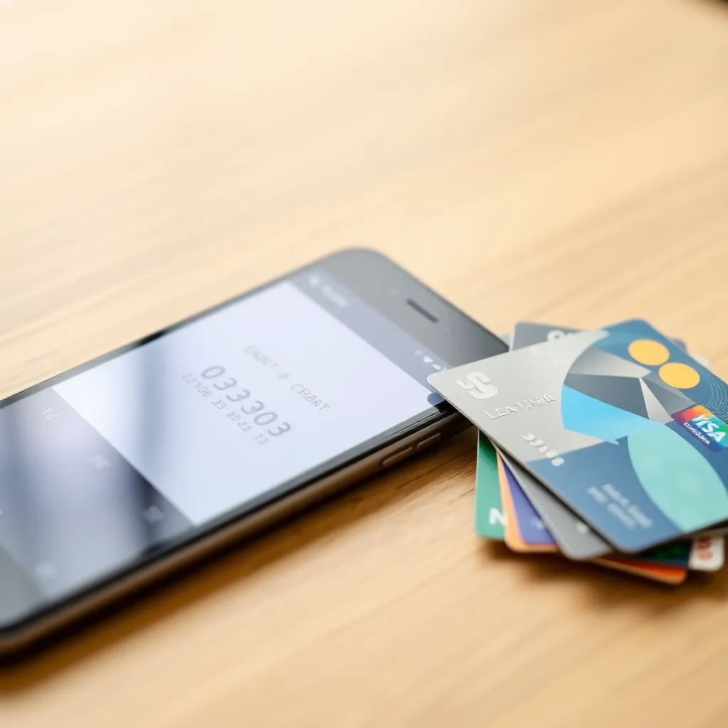 Smartphone met budgetapp en creditcards op tafel