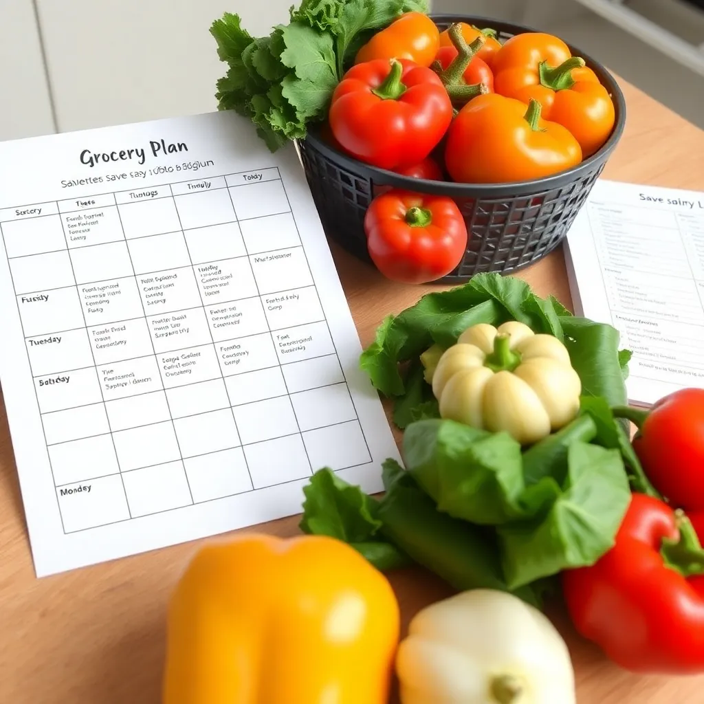 Een weekmenu en boodschappenlijst naast seizoensgroenten